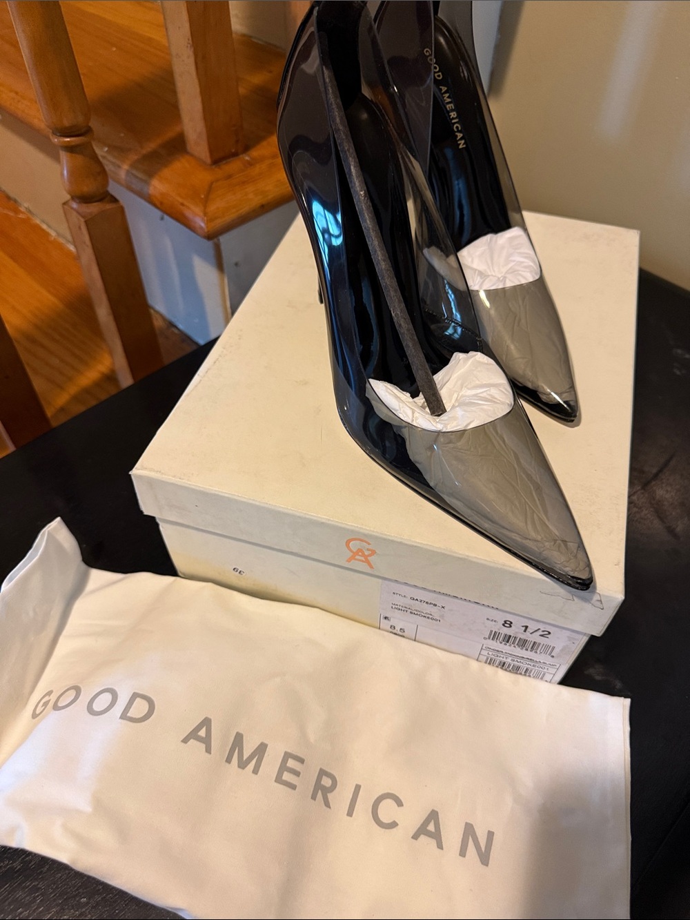 Good American Black Patent Pointed Toe Pumps with Gray Cap Toe